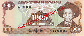 Anverso del billete <span>Billete Espécimen Desmonetizado de 1,000 Córdobas</span>
