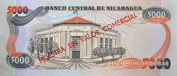 Reverso del billete <span>Billete Espécimen Desmonetizado de 5,000 Córdobas</span>
