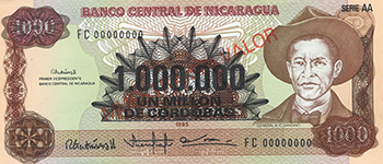 Anverso del billete <span>Billete Espécimen Desmonetizado de 1,000,000 Córdobas</span>
