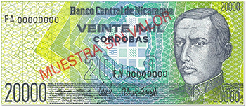 Anverso del billete <span>Billete Espécimen Desmonetizado de 20,000 Córdobas</span>
