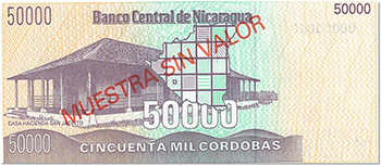 Reverso del billete <span>Billete Espécimen Desmonetizado de 50,000 Córdobas</span>
