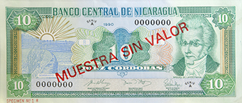 Anverso del billete <span>Billete Espécimen Circulación de 10 córdobas</span>
