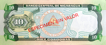 Reverso del billete <span>Billete Espécimen Circulación de 10 córdobas</span>
