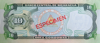 Reverso del billete <span>Billete Espécimen Circulación de 10 córdobas</span>
