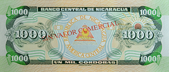 Reverso del billete <span>Billete Espécimen Sin Circular de 1,000 Córdobas</span>
