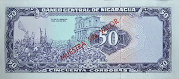 Reverso del billete <span>Billete Espécimen Desmonetizado de 50 Córdobas</span>
